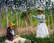 In The Woods At Giverny - BlancheHoschede Monet At Her Easel With Suzanne Hoschede Reading - 克劳德·莫奈